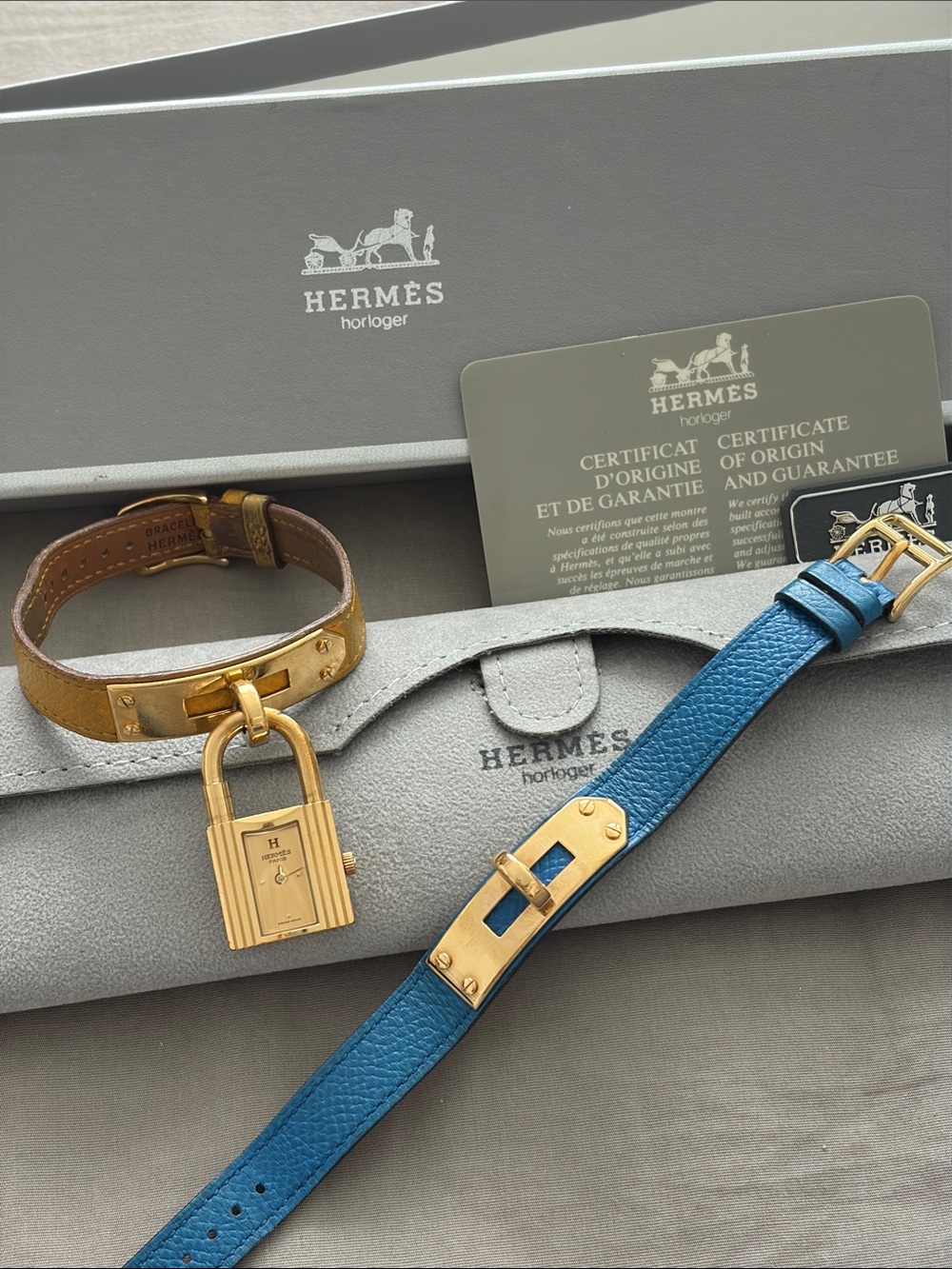 Authentic Hermès Kelly Watch Gold Dial with Like New Extra Bright Blue Strap